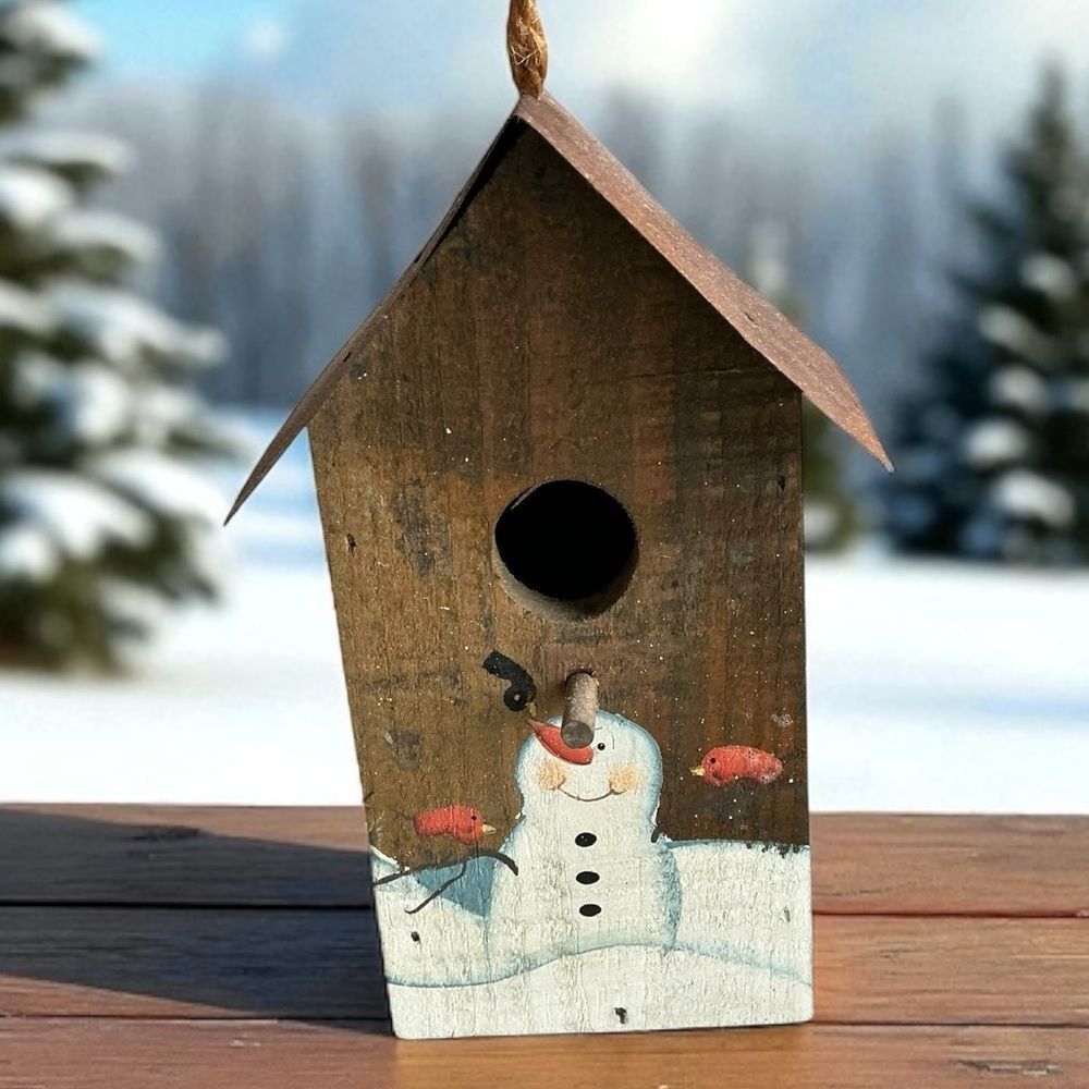 Vintage Folk Art Snowman Wooden Birdhouse Rustic Christmas Decor 6”